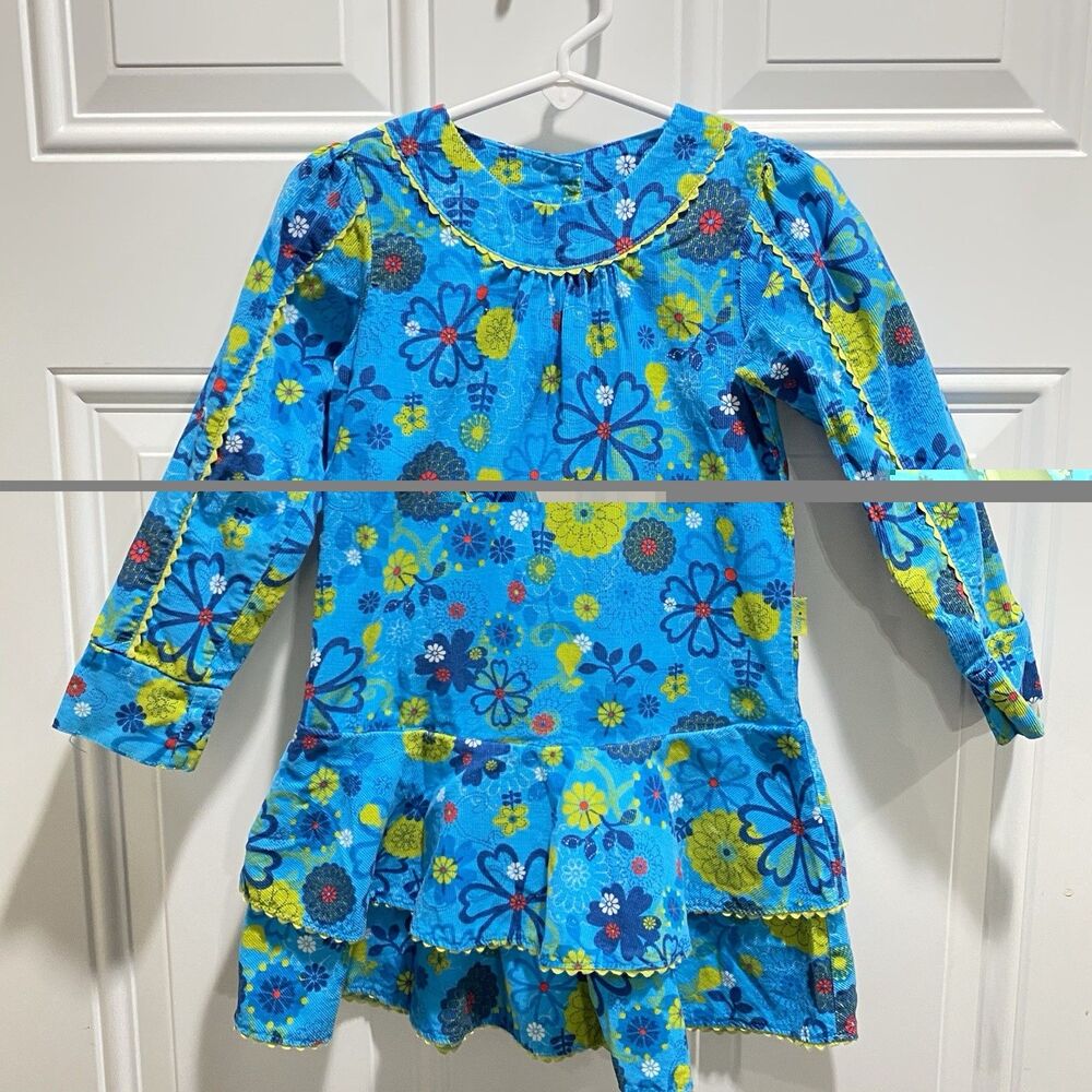 Le Top 4T Girl Blue Green Corduroy Ric Rac Floral Flower Ruffle Tier Dress